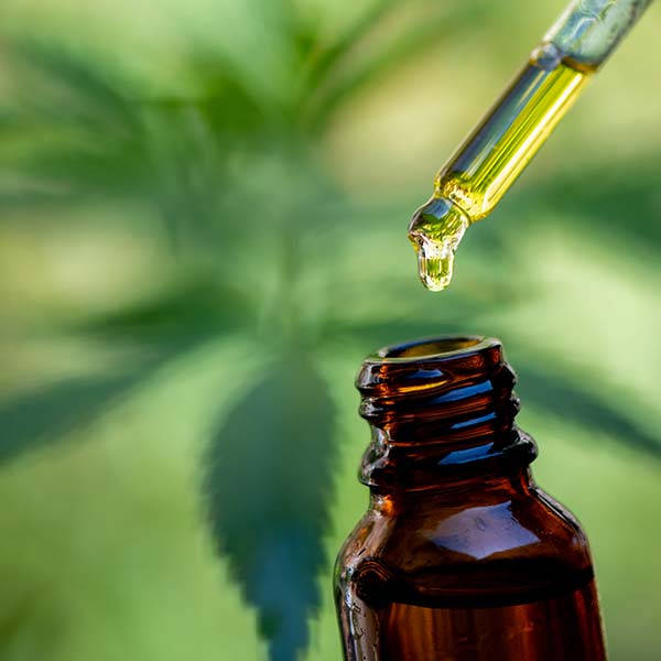 A dropper releases oil into a small brown glass bottle, with a blurred green cannabis leaf in the background.