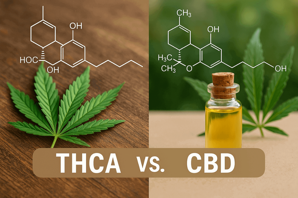 Split image showing a cannabis leaf with THCA chemical structure on the left, and a bottle of oil with CBD chemical structure on the right; text reads "THCA vs. CBD.